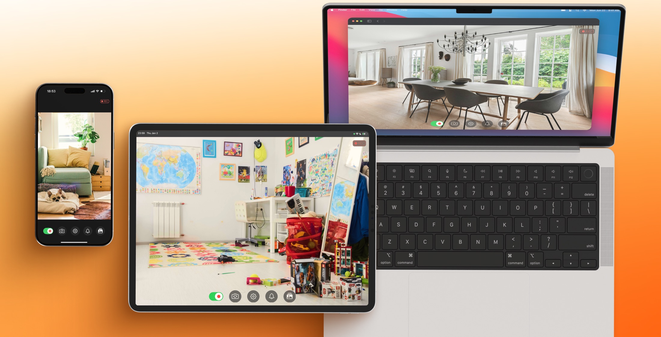 Watchful live views on an iPhone, an iPad, and a MacBook