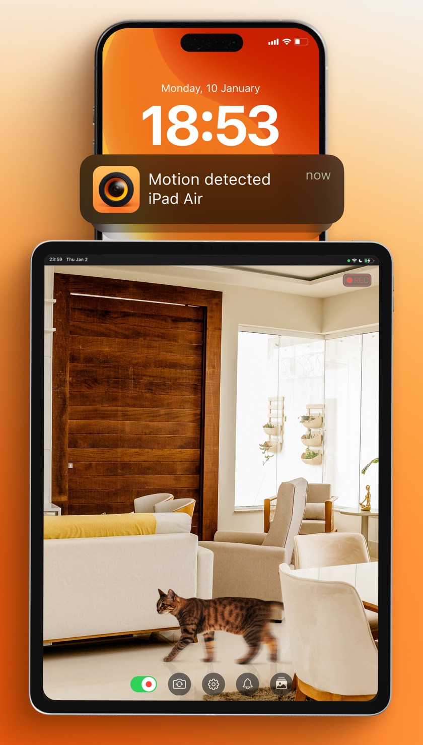 A motion-detected notification from Watchful on an iPhone lock screen, next to an iPad showing the live camera view
