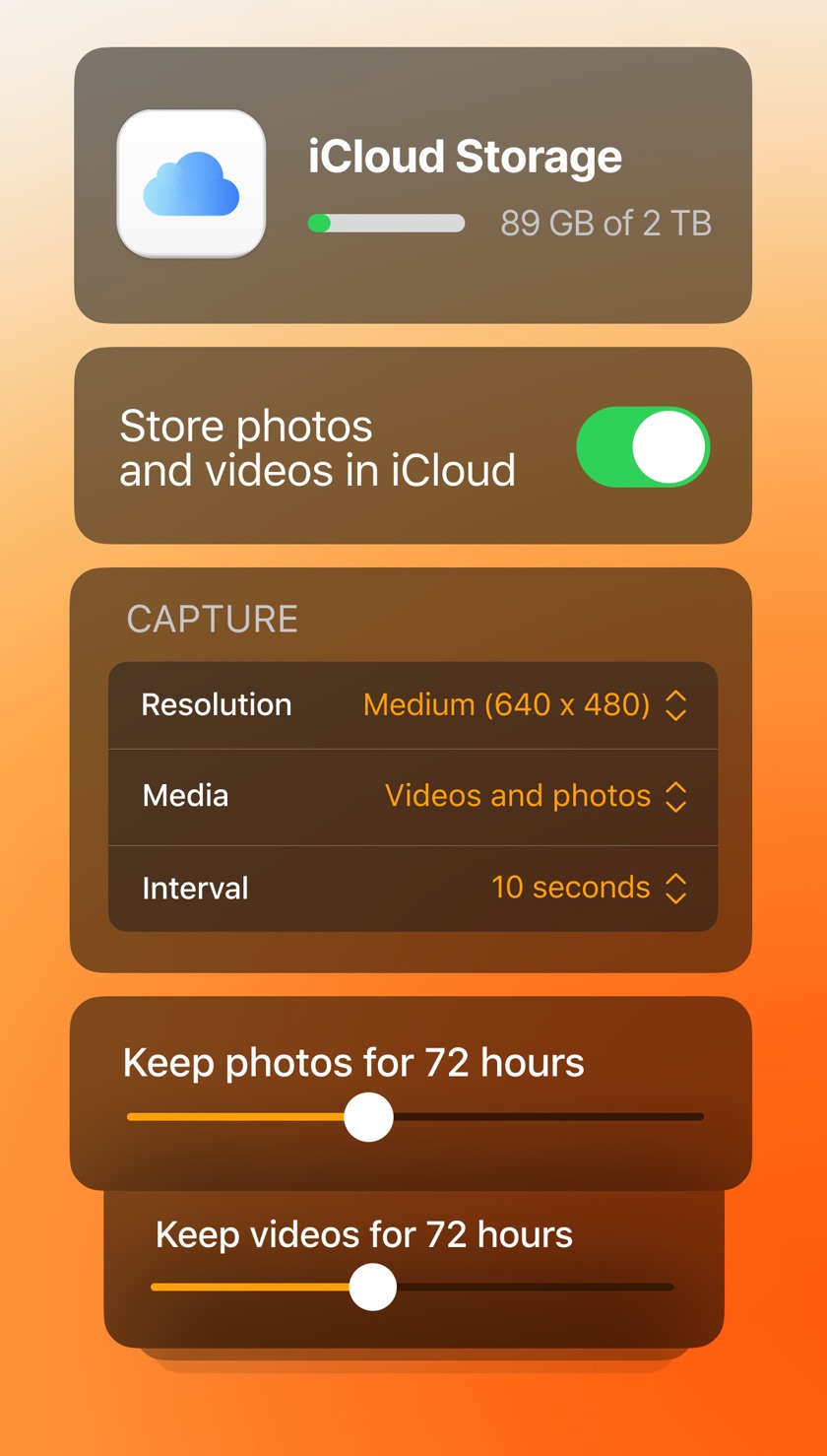Watchful storage settings showing iCloud usage, capture options, and retention sliders